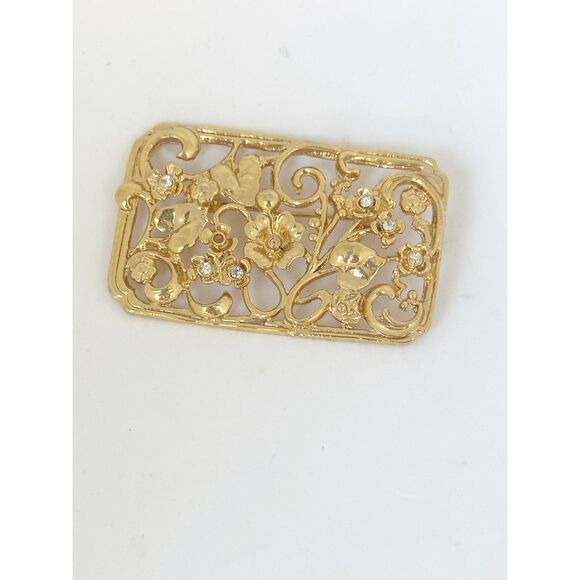 Vintage Goldtone Floral and Leaf Rectangle Brooch - Picture 3 of 6